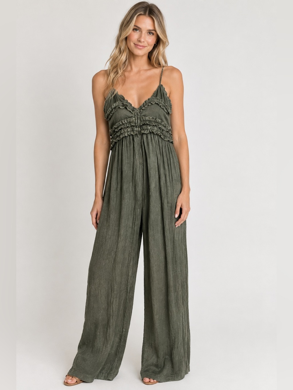 Altar'd State Olive Ruffle Wide Leg Jumpsuit XS